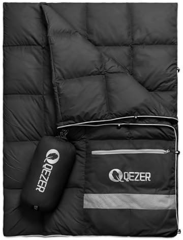 QEZER Daunen Campingdecke, ultraleichte Reisedecke für Outdoor und Indoor Camping, Wandern, Autoreisen, Flugreisen, Garten,Hängematte,kann als Kissen verwendet Werden (Schwarz)