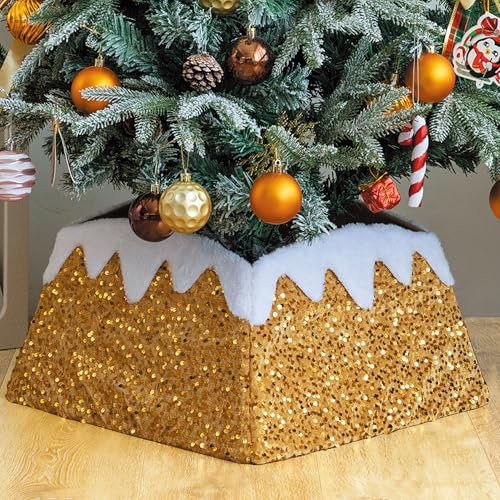Christmas Tree Collar, 24 Inch Christmas Tree Skirt, Ring Fabric Square Skirt for Artificial Trees, Snow Cover and Sequin Christmas Tree Box Collar,Holiday Xmas Home for Decorations (Gold)