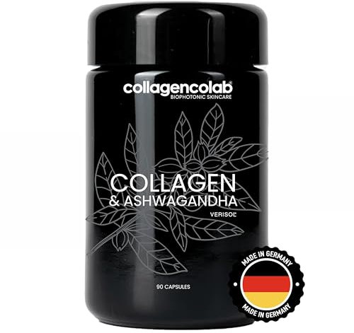 COLLAGENCOLAB® HOCHDOSIS Ashwagandha Kapseln 500mg mit Verisol Kollagen 1300mg, Biotin, Vitamin C, Hyaluronsäure, Verdauungs-Hilfe | Peptide Protein für Haut, Haare und Nägel. Nahrungsergänzungsmittel