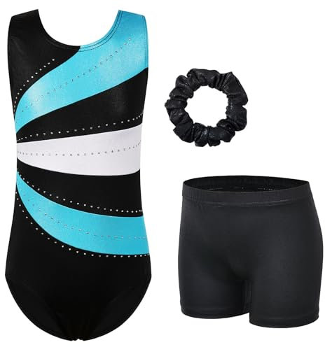 HUAANIUE Mädchen Kinder Gymnastikanzug Set Trikot + Shorts + Haarschmuck Ärmelloser Tanzanzug 3-14 Jahre (KHB366-Schwarz Cyan, 7-8 Jahre)