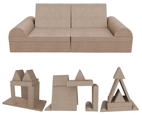 POKAR Spielsofa Kindersofa | Schaumstoff Bausteine | Spielsofa für Kinder mit Schlaffunktion Kuschelecke im Kinderzimmer | 6er Set mit Halbrundkissen | Beige