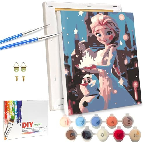 LAISU Eiskönigin Malen Nach Zahlen für Kinder, Junior und Erwachsene Anfänger, 18x24cm Kleine DIY Anime Prinzessin Painting Basteln mit Holzrahmen Leinwand Pinseln Acrylfarben für Mädchen ab 6 Jahre
