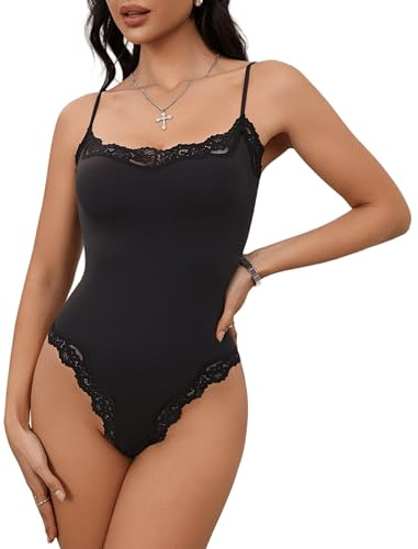 Starrylion Lace Bodysuit Square Neck Sleeveless Bodysuits Sexy Going Out Tops Black Coal L
