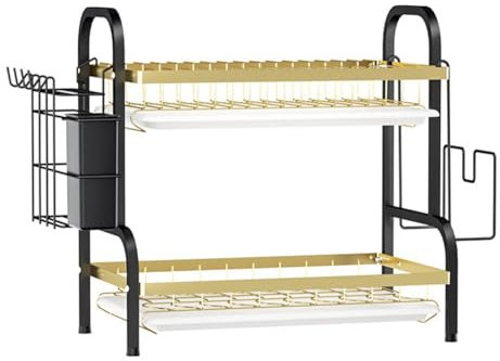 GREOHNMPAW Escurridor de Platos de 2 Niveles con Escurridor, Rejilla para Platos de Gran Capacidad, Canasta Que Ahorra Espacio para Encimeras de Cocina Pequeñas