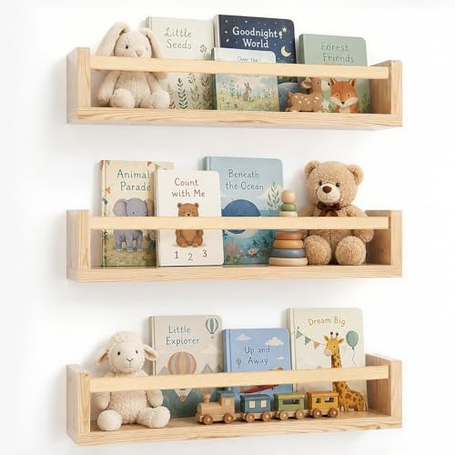 ZONJIE Nursery Shelves Set of 3-16.5 Inch Baby Floating Bookshelf, Wood Wall Mounted Children’S Book Shelves for Kids Nursery Decor, Hanging kids Furniture for Toy Storage and Playroom, Kids Room