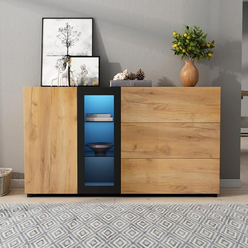 ModernLuxe LED Sideboard, Buffetschrank mit 3 Schubladen, Konsolentisch mit Glas, Aufbewahrungsschrank in Braun und Schwarz, Breite 140 cm
