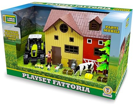 Teorema Giocattoli, Playset Bauernhof Tiere Kinder mit Stall, Traktor mit Licht und Geräuschen, Kuh und viel Zubehör, Lernspiele 3 Jahre, Spielzeugstall