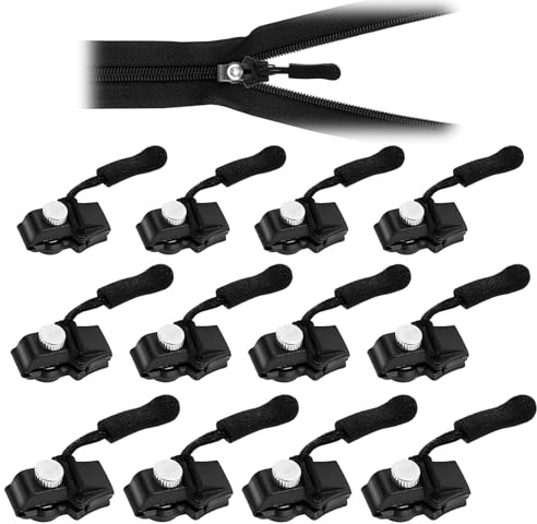 12PCS Zip Repair Kit, Zipper Repair Kit Universal Zipper Slider Replacement 3 Sizes Black Zip Replacement Fixer Puller for Backpack, Jackets, Coats, Tents, Luggage, Bags