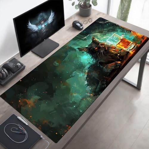 YEYUMEOZ Gaming Mauspad XXL 1000x500x3 mm, Schwarz Mauspad, Große Katze Tastatur Matte, rutschfeste Gummibasis Schreibtisch Matte, Genähte Kanten Mouse Pad PjY5357 5-S