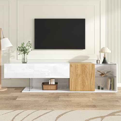 Generisch Commode TV moderne en blanc brillant avec finition bois et étagères en verre – 180 cm, meuble TV élégant avec rangement pratique