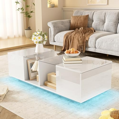 VIEKOS Moderner weißer Couchtisch mit LED-Beleuchtung, hochglänzender Tischplatte, 120 x 50 x 38,5 cm