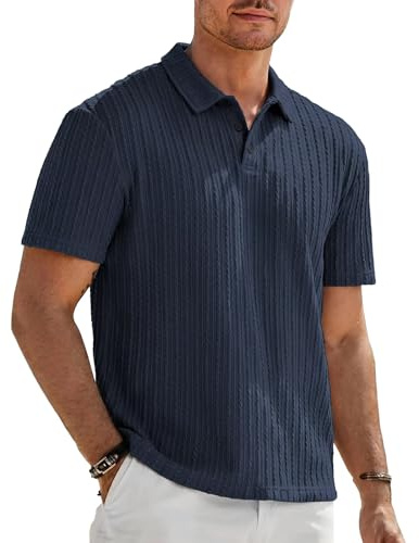 Elainone Strick Polo Homme Manches Courtes Motif Torsadé Été Coupe Classique Polo Golf Business Décontracté pour Vacances Bleu Foncé L
