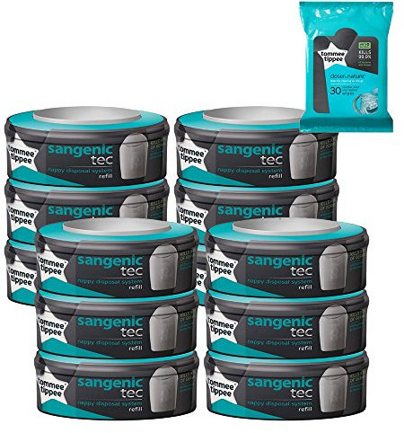 Tommee Tippee - SANGENIC- Lot de 12 recharges pour poubelle + 30 Lingettes antibactériennes OFFERTES !!
