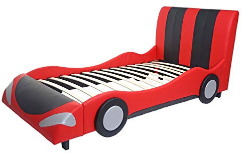 Bett HWC-E14, Auto Junge Kinderbett Jugendbett, Lattenrost Kunstleder Holz 190x100cm - schwarz-rot