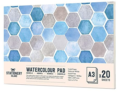 Stationery Island Aquarellpapier A3 300g, Aquarellblock A3, Aquarell Papier für Wasserfarben, 20 Blatt Aquarell Skizzenbuch, Watercolor Paper für Studenten,Anfänger, Skizzenbuch Aquarell