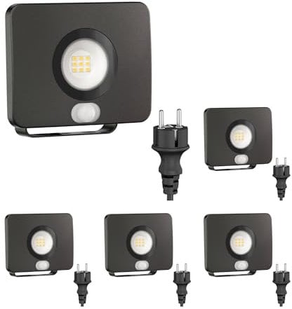 ledscom.de 5 Stück LED Gartenstrahler WEGA für außen, IP44, Bewegungsmelder, Stecker, schwarz, 11,9 W, 880lm, weiß