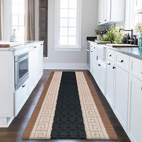 PHP Non-Slip Area Rug, 80 x 150 cm Washable, Heavy Duty Floor Protector Anti Slip Hallway Large Rug for Indoor Outdoor Hall Bedroom and Kitchen - Black Beige