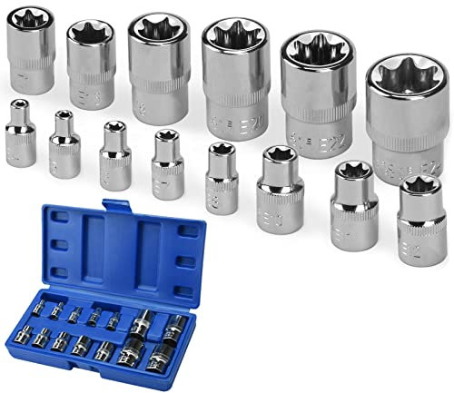 Nutmanel Female Torx Socket Set 14pcs E-Torx Sockets E4 - E24 1/4 1/2 3/8 Drive Female E Star Hex Socket Insert Nut