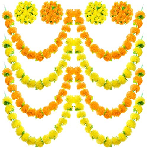Ringelblumen-Girlande mit grünen Blättern, lange Stränge, künstliche Ringelblumen-Blumen, Girlande für Diwali, traditionelle indische Busch-Blumen, Mottoparty, Dekoration, Orange und Gelb (4 Stück)