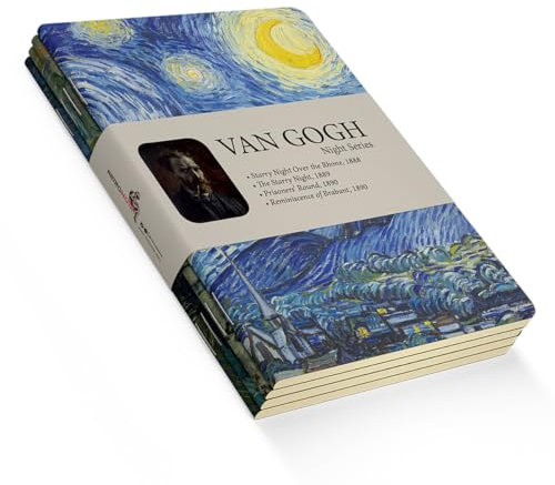 Retronote Night Series Van Gogh Notizbuch, A6, unliniert, 192 Seiten, je 48 Seiten, Metallnähte, flexibler Einband, ovaler Rand, Leinenstruktur, 60 g, cremegelb, 4 Stück