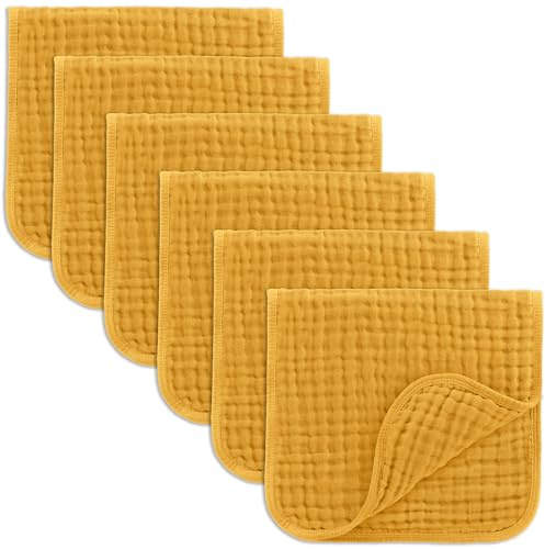 Comfy Cubs Musselin-Spucktücher 50 x 25 cm, 6er-Pack – Groß, 6-lagig, Ultra-saugfähig, 100% Baumwolle, für Babys, Speichel und Verschmutzungen – Sicheres und sanftes Spucktuch-Set – Kurkuma