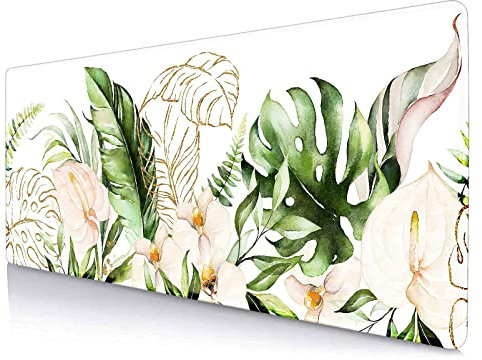 LTHAOGUO Green Leaf Extended Mouse Pad, Large Mouse Pad with Non-Slip Rubber Stitched Edges, Floral Keyboard Mat, 31.5X 11.8 inch, Plant Boho