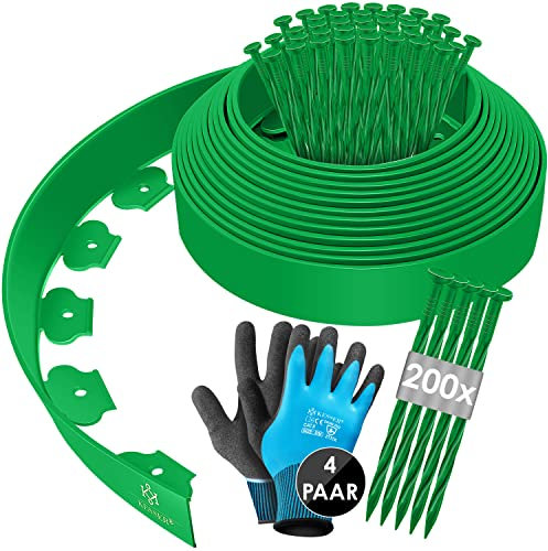 KESSER® Flexible Rasenkante aus Kunststoff Länge 40m Höhe 5cm, mit 260 Erdanker + 4 Paar Handschuhe Beeteinfassung Beetumrandung Beetbegrenzung Mähkante Pflastersteine Palisade - Grün