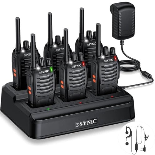 eSynic 6Pcs Walkie Talkies for Adults Professional Walkie Talkies 2 Way Radio Walkie Talkie Rechargeable Walky Talky With Original Earpieces & Charge Base Support 16CH & VOX Function for Work etc