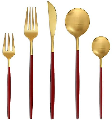 Bestdin Set de couverts 6 personnes, 30 pieces de couverts rouge or mat, Set de couverts de table avec couteau fourchette cuillère, couverts en acier inoxydable, lavable au lave-vaisselle