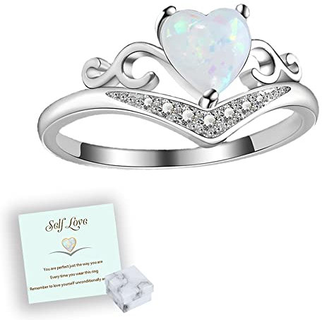 OVNMFH Selbstliebe-Silber-Opal-Herzring, herzförmiger weißer V-förmiger Ring, niedlicher weißer Zirkon-Ehering, perfektes inspirierendes Geschenk für Sich selbst (8)
