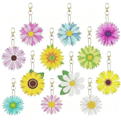 Lot de 12 porte-clés double face, motif fleur 5D, peinture diamant, pendentifs peinture strass, kits de fabrication pour femmes et filles, multicolore