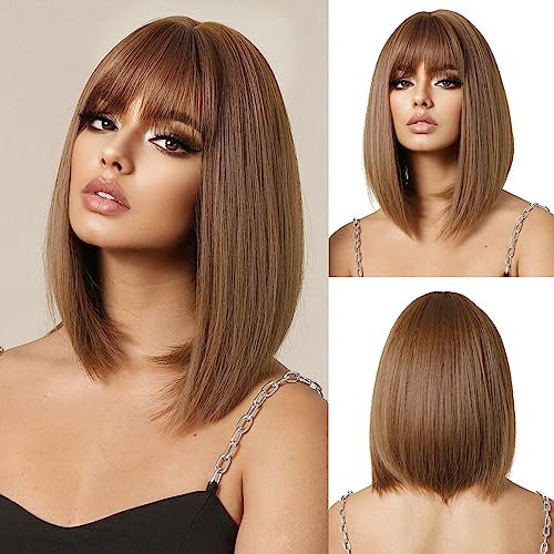 OUFEI Braun Bob Perücke mit Pony Kurz Gerade Perücke für Frauen Synthetisches Haar Perücken Cosplay Täglich Party Gebrauch
