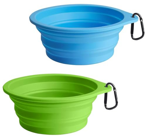 PetBonus 2-Pack Silicone Collapsible Dog Bowl, Portable Foldable Expandable Travel Bowl, BPA Free Dishwasher Safe, Food Water Feeding Cup Dish for Dogs Cats with 2 Carabiners (Light Blue, Light Green)