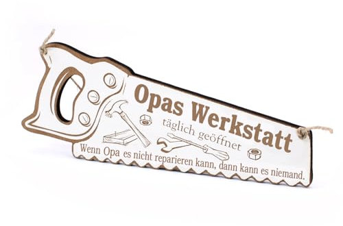 Schild Säge Opas Werkstatt - täglich geöffnet - Wenn Opa es nicht reparieren kann Spruch - Türschild Dekoschild - 24 x 10 cm