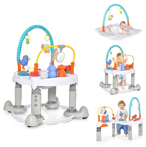 DREAMADE Jumperoo Bébé/Siège Sauteur Bébé avec Roues&Hauteur Réglable 4 en 1 Centre d'Activités Assis-Debout Bébé 0-24Mois avec Siège Tournant 360°,Musique,Jouets,Charge 25KG (Gris)