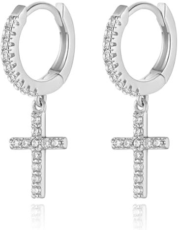 Ohrring Dangle Huggie kreuz ohrringe Silber Gold mit Kreuz Anhänger Schmuck Creolen Kreuz Klassisches Kruzifix Ohrringe Ohrstecker Ohrhänger Ohr-Piercing für Damen Herren Mädchen (Kreuz Silber)