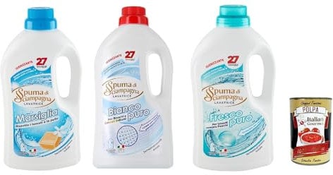 Spuma di Sciampagna TestPaket Detersivo Lavatrice Marsiglia, Bianco Puro. Fresco Puro, Desinfizierendes Flüssigwaschmittel, 27 Wäschen, 3x 1215ml + Italian Gourmet polpa 400g