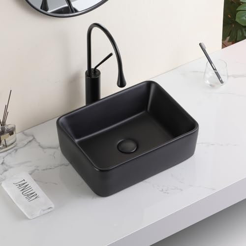 KARAMAG Black Vessel Sink Rettangolo 40,6 x 30,5 cm Lavello da bagno rettangolare moderno sopra il bancone 16 pollici piccoli lavandini da bagno in porcellana nera opaca vaso in ceramica lavabo lavabo