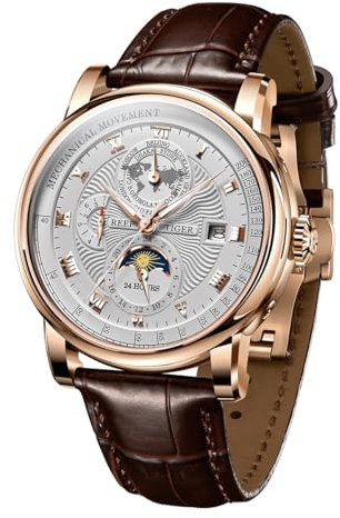 REEF TIGER Top Brand Herren Moonphase Automatikuhr Kompletter Kalender Leuchtend Transparent Leder Mechanische Uhr RGA1963, Rga1963-pws, Armband
