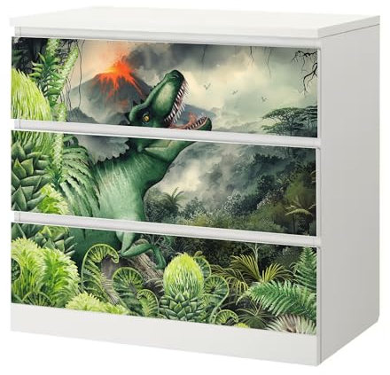 Sunnywall® Möbelfolie passend für IKEA Malm Kommode Schrankfolie Aufkleber mit Dinosaurier T-Rex Motiv | blasenfrei verkleben | Kinderzimmer 3er 80 cm