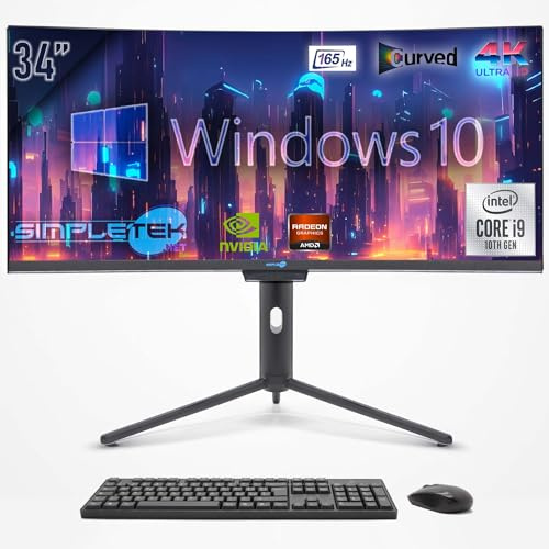 SIMPLETEK - Computer All in One 34 Curved Bildschirm 4K 165Hz für Gaming, Grafik, Core i9 10. Gen | Windows 10 Pro | GPU GTX1650 4GB | 32GB RAM SSD 2TB | 2K Webcam | BT 5.2