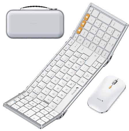 ProtoArc XKM01 Faltbare Tastatur und Maus | Full-Size Bluetooth Tastatur Klappbar mit Ziffernblock | 2.4G+Dual Bluetooth Klapptastatur QWERTZ-Layout Windows/Mac/Android - Weiß und Silber