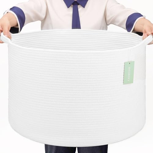 BOSROTY Extra Large Blanket Basket 87L, Laundry Hamper, Baby Nursery Hamper for Storage Toys Clothes Towels, Large Cotton Rope Laundry Basket for Girls Boys, 55 x 35 CM, White