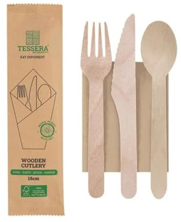 HOT BARGANS 100 X Wooden Cutlery Sets Mixed Individually Wrapped Each Set Contains 4pcs Wooden Fork, Spoon, Knife and 2-Ply Napkin