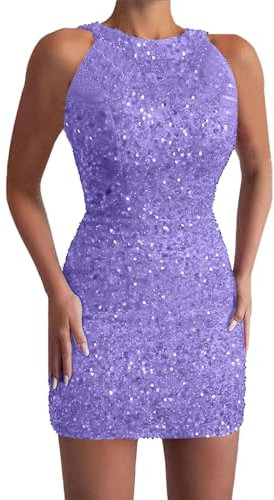 Abito da sera da donna, corto, tubino da donna, elegante, con brillantini, senza maniche, da cocktail, da donna, con scollo rotondo, slim fit, da donna, a vita alta, da ballo, da donna, Lilla, S