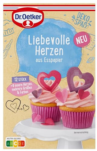 Dr. Oetker Liebevolle Herzen aus Esspapier, Essbare: Herzen mit 3D- Effekt als Muffin Deko, Cupcake Deko und Co., 1 x 12 Stück
