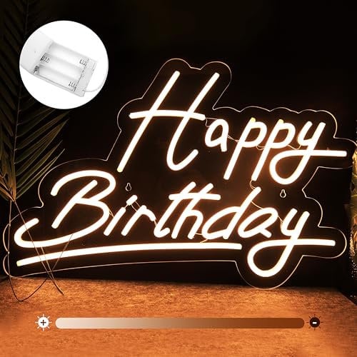 Large Happy Birthday Neon Sign Battery Operated, 5V USB Powered Neon Signs for Wall Decor, Adjustable Brightness Happy Birthday Signs(22.4 x 14.3 inches, Warm)