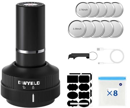 OWYELO Envasadora al Vacio Profesional para Tarros Cristal, Kit de Sellador al Vacío Mason Jar con 10 Tapas(Boca Ancha y Boca Regular) y 8 Bolsas de Vacío, Kit de Sellado al Vacío para Tarros Mason