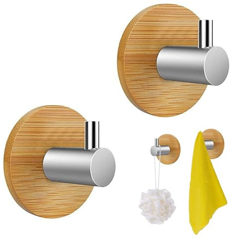 HESUSUSI Gancio Adesivo Acciaio Inox in Bambu da Parete 2 Pezzi Ganci Autoadesivi Gancio Parete Legno Bambù Acciaio Inossidabile 304 porta accappatoio da bagno bambu per Soggiorno, Cucina, Bagno