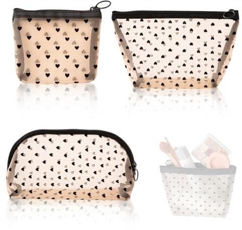 BSITSSS 3 Pezzi Cuore Nero Trousse da Viaggio a Rete, Moda Rete Beauty da Viaggio, Portatile Pochette da Viaggio, Rete Borsa da Toilette da Viaggio, Toiletry Bag Travel per Bagno, Piscina, Viaggio
